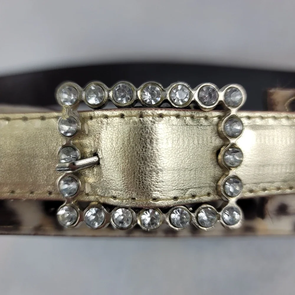 Vintage Womens Leopard Calf Hair Belt Gold Rhinestone Buckle Small Animal Print